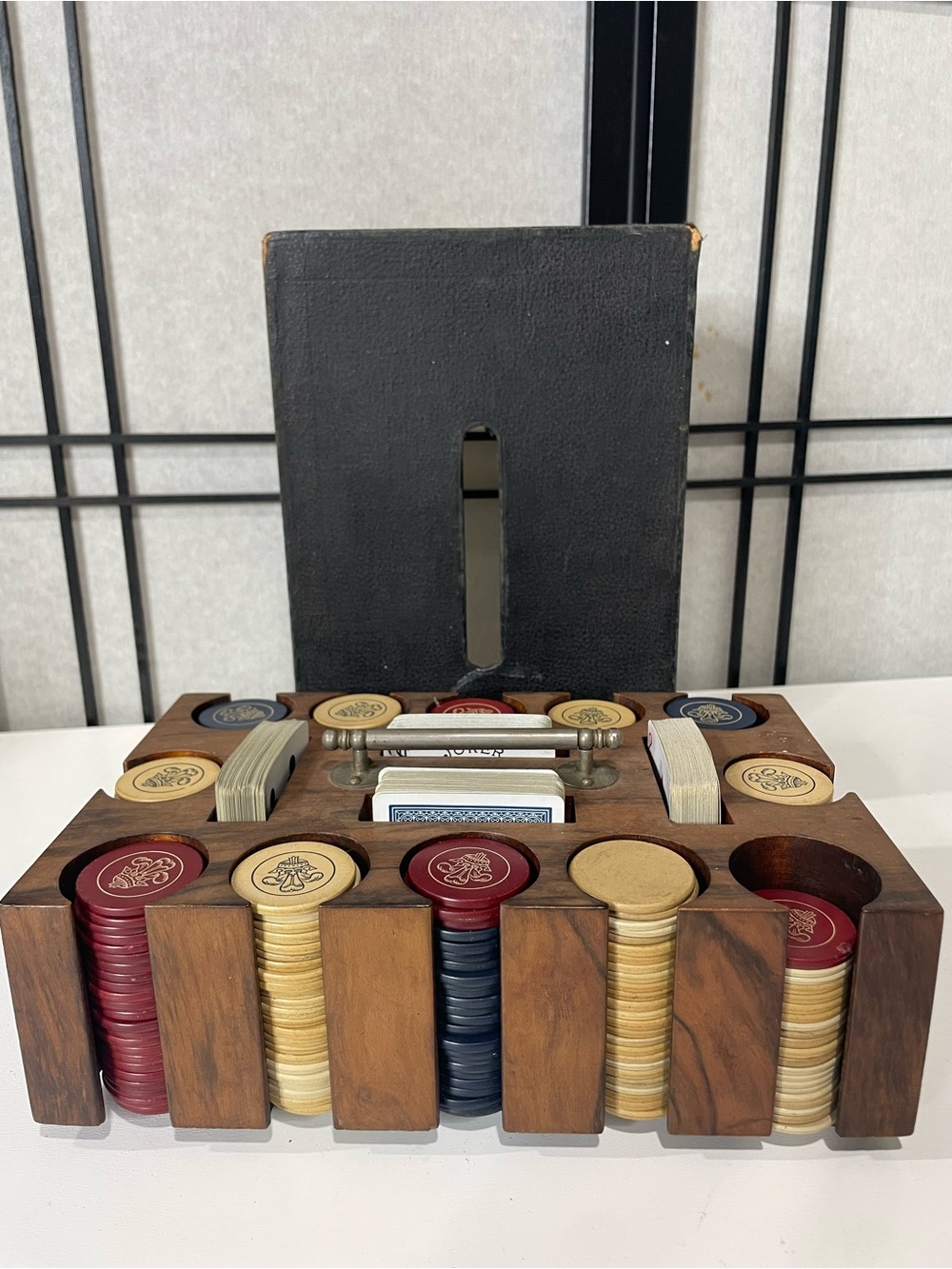 Antique Wooden Poker Chip Caddy Set- 264 Fleur-de-Lis Clay Chips